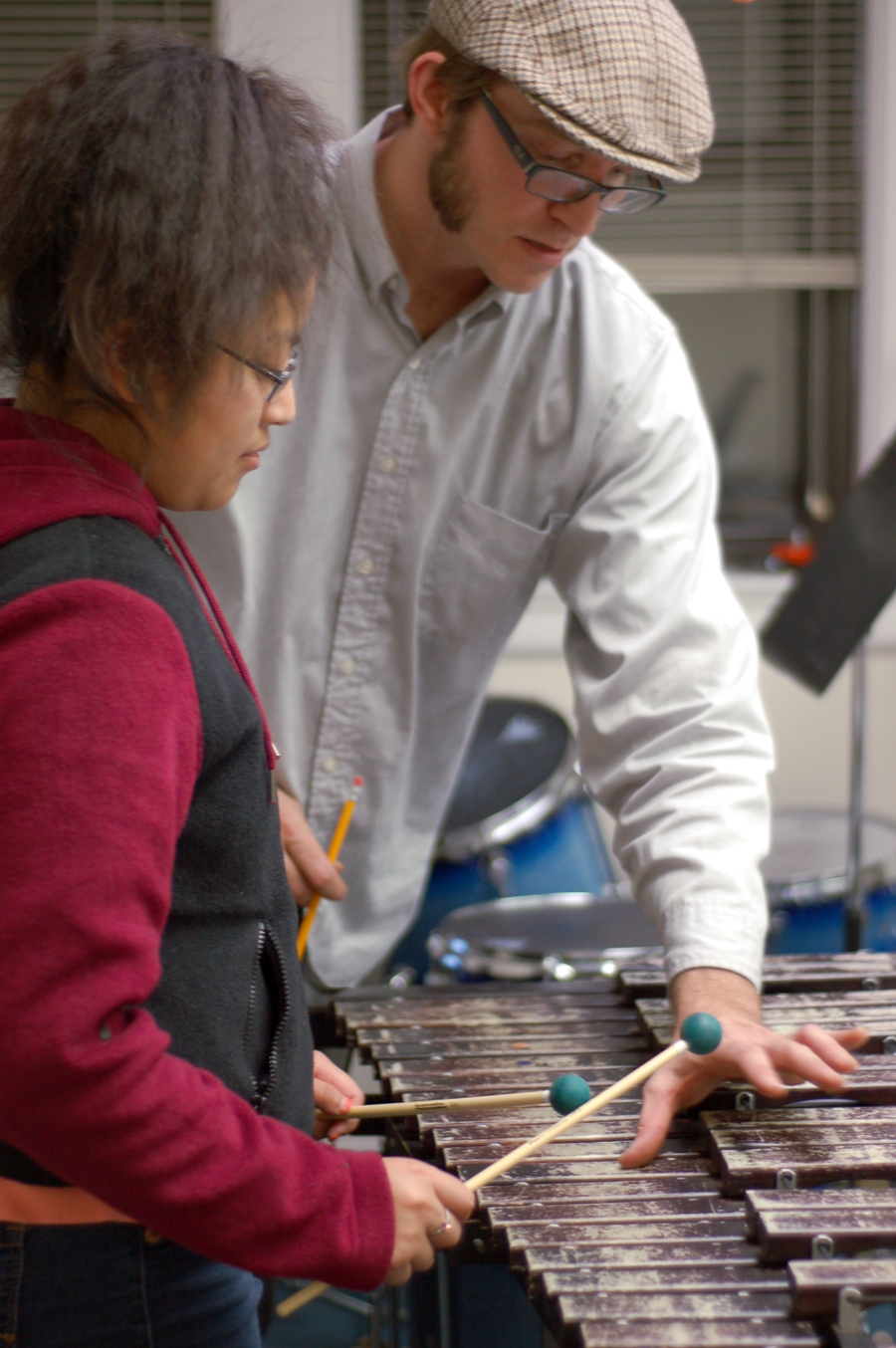 Instructor Matt Vooris leads a classical percussion workshop in Feb. 2015.